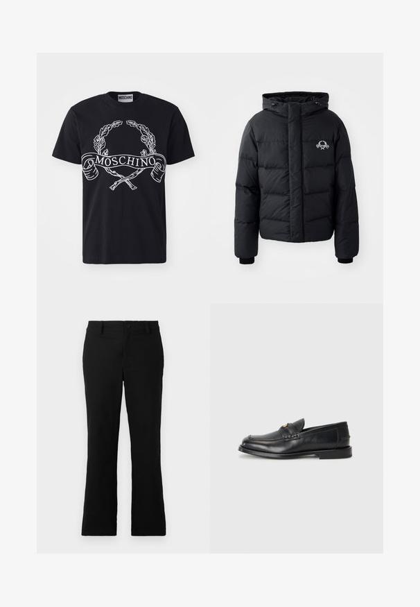 Black puffer jacket with a hood, featuring a quilted design, elastic cuffs, and a chest logo. Made of a smooth, water-resistant material.; Black cotton t-shirt featuring a white printed laurel wreath and the brand name "MOSCHINO" on a banner; classic crew neck design.; Black flared trousers made of cotton blend fabric, featuring a button closure, belt loops, and a smooth texture with no visible patterns.; Black leather loafers feature a rounded toe, stitched detailing, and a small gold accent on the front. The sole is flat and discreet.