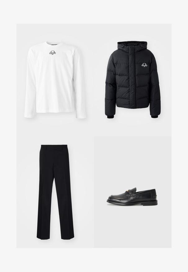 Schwarze Puffjacke mit Kapuze, ausgestattet mit einem gesteppten Design, elastischen Bündchen und einem Brustlogo. Hergestellt aus einem glatten, wasserabweisenden Material.; Weißes Langarmshirt aus Baumwolle mit runder Ausschnittkante und einem kleinen schwarzen grafischen Design in der Mitte, mit gefütterten Ärmeln.; Schwarze, maßgeschneiderte Hose mit weitem Bein, ausgestattet mit einer glatten Textur und scharfen Falten, gefertigt aus einem gewebten Stoff.; Schwarze Lederloafers mit runder Zehenform, genähten Details und einem kleinen goldenen Akzent an der Vorderseite. Die Sohle ist flach und unauffällig.