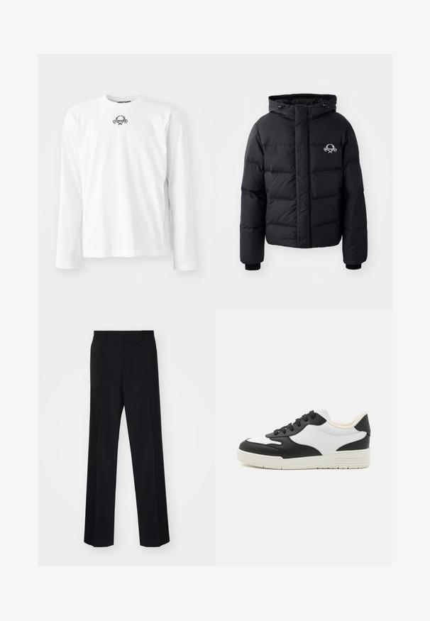 Fekete puffdzseki kapucnival, steppelt kialakítással, rugalmas mandzsettákkal és mellkasi logóval. Simább, vízálló anyagból készült.; Fehér, hosszú ujjú, pamut ing, kerek nyakkivágással, a közepén egy kis fekete grafikai mintával, mandzsettás ujjakkal.; Fekete, széles szárú, szabott nadrág sima textúrával és éles redőkkel, szőtt anyagból készült.; Fekete és fehér sportcipő sima bőrből készült felsőrésszel, lekerekített orral és lapos gumitalppal. Jellemzője a fekete fűző és a puha bélés.
