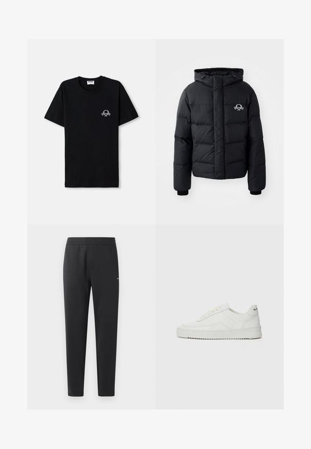Jachetă puffer neagră cu glugă, având un design matlasat, mansete elastice și un logo pe piept. Fabricată dintr-un material neted, rezistent la apă.; Tricou din bumbac negru cu guler rotund. Prezintă un mic design grafic alb pe piept. Mâneci scurte și tiv drept.; Pantaloni de jogger negri, confecționați dintr-un material moale, cu un brâu elastic, picioare drepte și un detaliu mic cu logo pe lateral.; Sneakers din piele albă cu un finisaj neted, vârf rotund, șireturi plate și o talpă texturată. Prezintă un logo subtil pe călcâi.