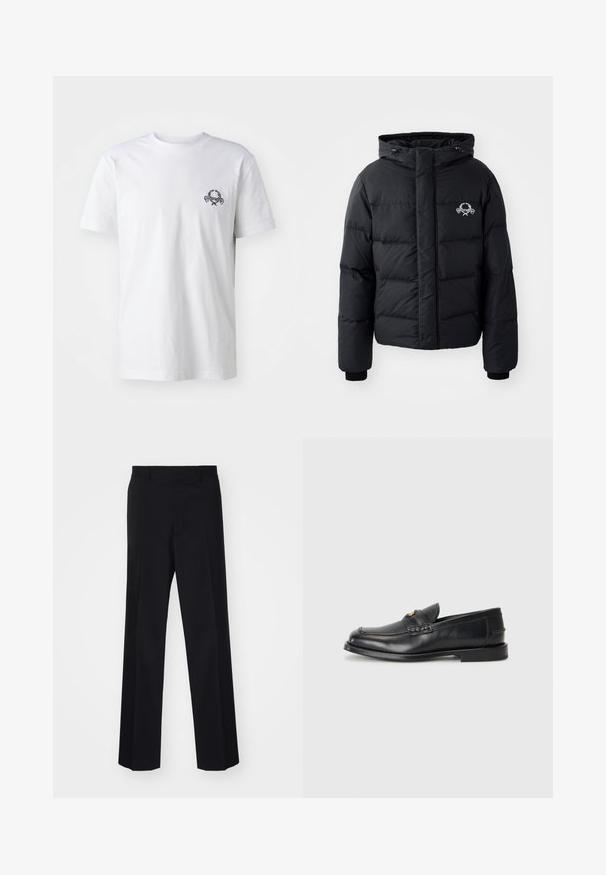 Melnā puffer jaka ar kapuci, ar kvadrātveida dizainu, elastīgiem piedurkņu galiem un krūšu logotipu. Izgatavota no gludas, ūdensizturīgas materiāla.; Baltas kokvilnas T-krekls ar nelielu melnu izšūtu dizainu uz krūtīm; īsas piedurknes un klasiska apļa kakla stils.; Melnas šūtu bikses ar platu kāju dizainu, ar gludu tekstūru un asiem locījumiem, izgatavotas no austas auduma.; Melnā ādas mokasīni ir ar noapaļotu purngalu, šūšanas detaļām un nelielu zelta akcentu priekšpusē. Zole ir plaka un diskrēta.