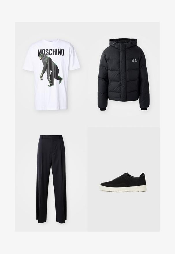 Black puffer jacket with a hood, featuring a quilted design, elastic cuffs, and a chest logo. Made of a smooth, water-resistant material.; White cotton t-shirt featuring a black monkey graphic and bold "MOSCHINO" text in black. Relaxed fit with short sleeves and crew neckline.; Black, high-waisted trousers with a wide-leg cut, made of smooth fabric. Features front pleats and belt loops. Minimalistic design, no visible hardware.; Black suede sneaker with lace-up design and contrasting white rubber sole. Features textured side panels and subtle branding on the heel.