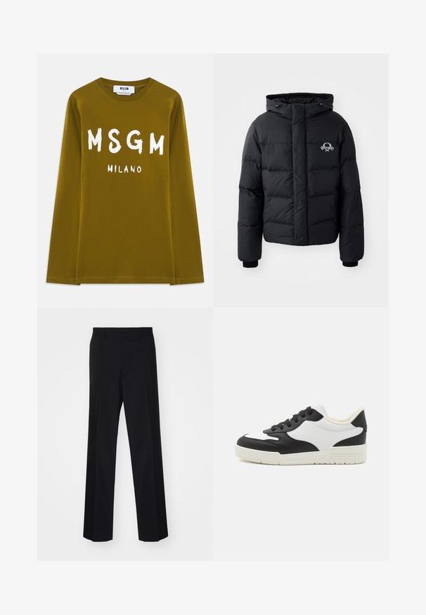 Black puffer jacket with a hood, featuring a quilted design, elastic cuffs, and a chest logo. Made of a smooth, water-resistant material.; Olive green long-sleeve t-shirt made of cotton, featuring large white "MSGM" and "MILANO" text printed on the front.; Black tailored trousers with a wide-leg design, featuring a smooth texture and sharp creases, made from a woven fabric.; Black and white sneaker with a smooth leather upper, rounded toe, and flat rubber sole. Features black laces and soft inner lining.