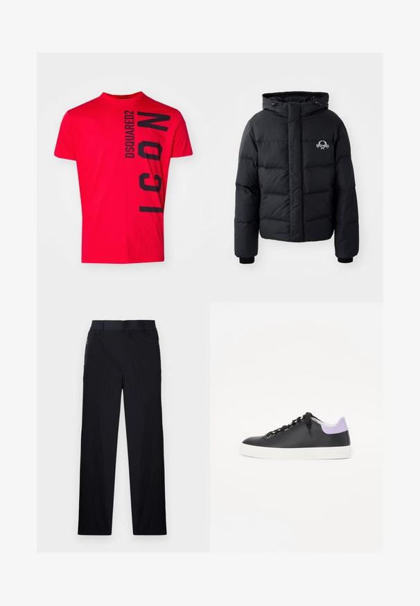 Black puffer jacket with a hood, featuring a quilted design, elastic cuffs, and a chest logo. Made of a smooth, water-resistant material.; Red cotton t-shirt featuring black vertical "DSQUARED2 ICON" text. Short sleeves and a crew neckline with a smooth texture.; Black trousers featuring a lightweight, textured fabric, straight-leg design, elastic waistband, and side zip pockets.; Black leather sneaker with a white rubber sole, featuring black laces, silver eyelets, and a light purple accent at the heel.
