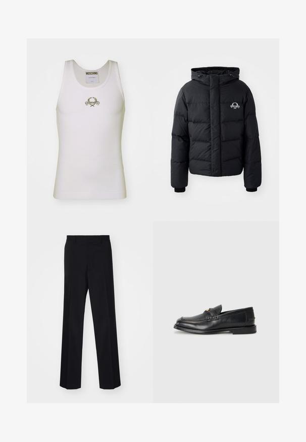 Melnā puffer jaka ar kapuci, ar kvadrātveida dizainu, elastīgiem piedurkņu galiem un krūšu logotipu. Izgatavota no gludas, ūdensizturīgas materiāla.; Balts ribots topiņš ar zelta izšūtu logo un dekoratīviem akcentiem, apaļu dekoltē un bez piedurknēm.; Melnas šūtu bikses ar platu kāju dizainu, ar gludu tekstūru un asiem locījumiem, izgatavotas no austas auduma.; Melnā ādas mokasīni ir ar noapaļotu purngalu, šūšanas detaļām un nelielu zelta akcentu priekšpusē. Zole ir plaka un diskrēta.