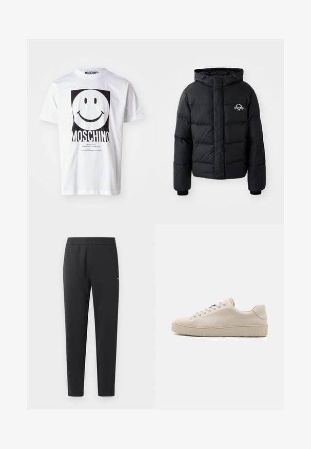 Black puffer jacket with a hood, featuring a quilted design, elastic cuffs, and a chest logo. Made of a smooth, water-resistant material.; White cotton t-shirt featuring a large black smiley face graphic, with "MOSCHINO" printed below and event details in smaller text.; Black jogger pants made of soft fabric, featuring an elastic waistband, straight legs, and a single small logo detail on the side.; Beige leather sneakers with a smooth finish, rounded toe, flat sole, and classic lace-up design. Subtle stitching accents and textured outsole.