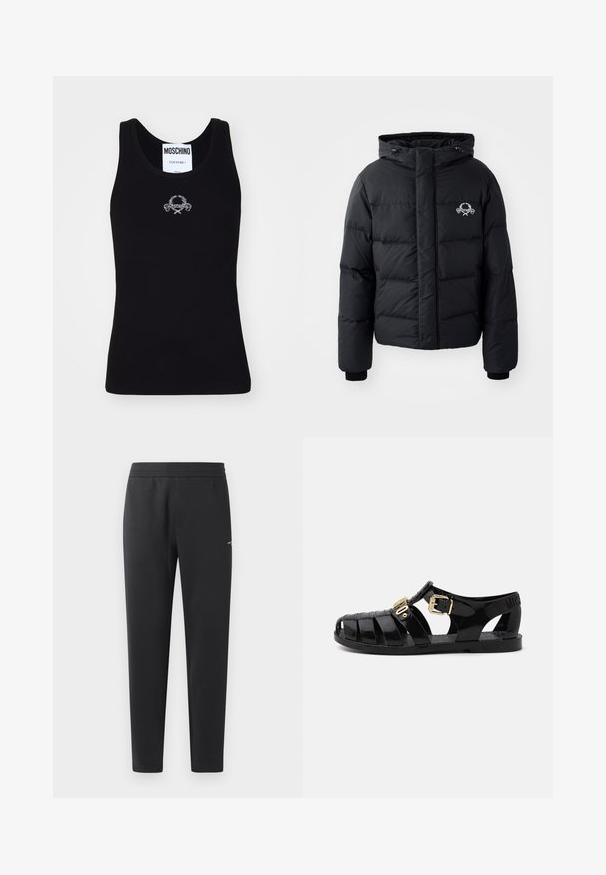 Jachetă puffer neagră cu glugă, având un design matlasat, mansete elastice și un logo pe piept. Fabricată dintr-un material neted, rezistent la apă.; Top din bumbac negru cu model canelat, cu decolteu rotund, având un design central brodat alb. Fabricat dintr-un material moale și elastic.; Pantaloni de jogger negri, confecționați dintr-un material moale, cu un brâu elastic, picioare drepte și un detaliu mic cu logo pe lateral.; Sandale din cauciuc negru cu design perforat, dotate cu inchidere cu cataramă aurie și talpă interioară texturată. Logo ștanțat pe toc.