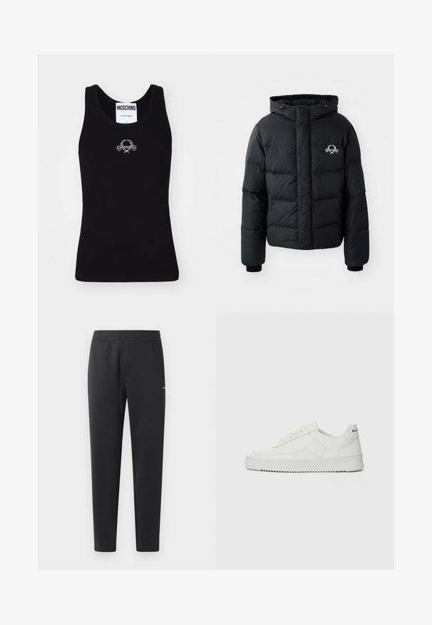 Black puffer jacket with a hood, featuring a quilted design, elastic cuffs, and a chest logo. Made of a smooth, water-resistant material.; Black ribbed tank top with a crew neckline, featuring a white embroidered logo design in the center. Made from a soft, stretchy fabric.; Black jogger pants made of soft fabric, featuring an elastic waistband, straight legs, and a single small logo detail on the side.; White leather sneaker with a smooth finish, round toe, flat laces, and a textured sole. Features a subtle logo on the heel.