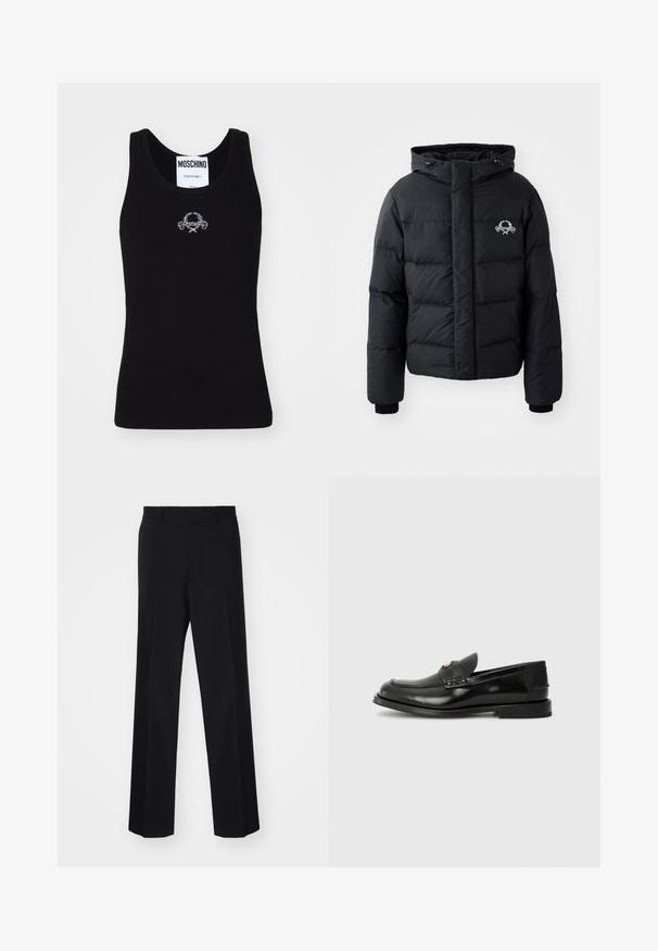 Juodas pūkinis švarkas su gobtuvu, pasižymintis siuvinėtu raštu, elastingais rankogaliais ir logotipu krūtinėje. Pagamintas iš lygios, vandeniui atsparios medžiagos.; Juodas raukšlėtas maikutė su apvaliu kaklu, su baltu išsiuvinėtu logotipu centre. Pagaminta iš švelnios, tamprios medžiagos.; Juodos prisiūtos kelnes su plačiomis kojomis, turinčios sklandų paviršių ir aštrius raukšles, pagamintas iš audinio.; Juodų odinių loaferių su apvaliu priekiniu įdubu, dekoratyviniu siuvinėjimu ir maža priekinė anga. Plokščias gumos padas su minimaliu kulnu.