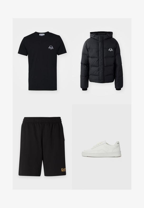 Čierna prešívaná bunda s kapucňou, ktorá má elastické manžety a logo na hrudníku. Vyrobená z hladkého, vodoodolného materiálu.; Čierne bavlnené tričko s malým bielym grafickým dizajnom na hrudi. Klasický okrúhly výstrih a krátke rukávy, hladká textura.; Čierne športové šortky vyrobené z jemného materiálu, s elastickým pásom a malým žltým logom EA7 na dolnej ľavej nohe.; Biele kožené tenisky s hladkým povrchom, okrúly špičkový dizajn, ploché šnúrky a textúrovaná podrážka. Obsahujú jemné logo na päte.