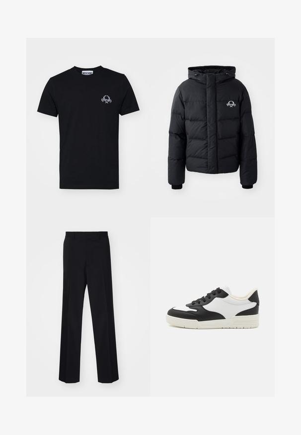 Fekete puffdzseki kapucnival, steppelt kialakítással, rugalmas mandzsettákkal és mellkasi logóval. Simább, vízálló anyagból készült.; Fekete pamut póló, kis fehér grafikai mintával a mellrészen. Klasszikus kerek nyakkivágással és rövid ujjakkal, sima textúrával.; Fekete, széles szárú, szabott nadrág sima textúrával és éles redőkkel, szőtt anyagból készült.; Fekete és fehér sportcipő sima bőrből készült felsőrésszel, lekerekített orral és lapos gumitalppal. Jellemzője a fekete fűző és a puha bélés.
