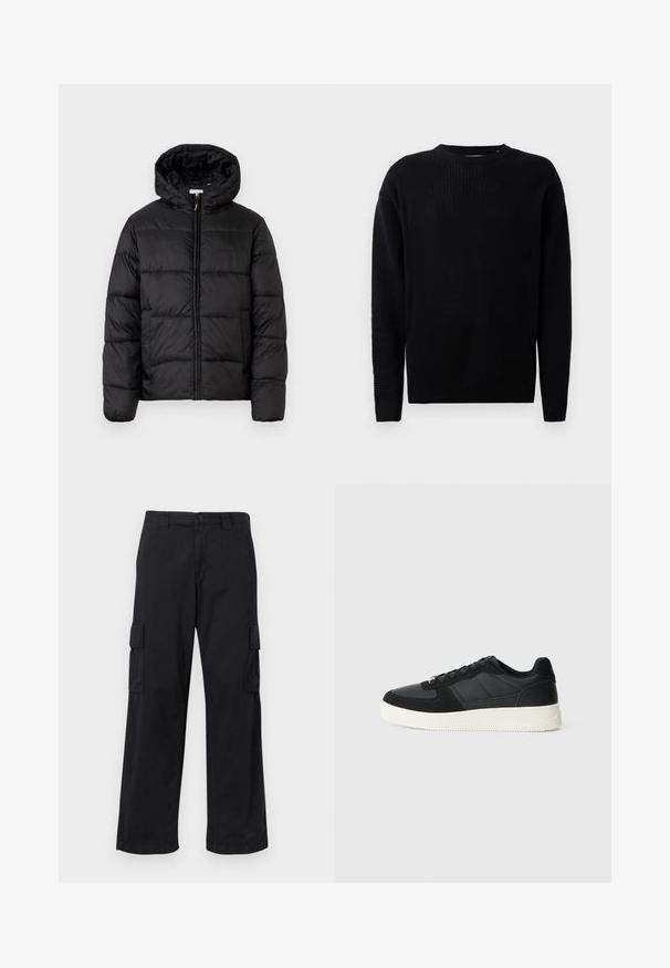 Sort pufferjakke med hætte, med vandrette quiltede paneler, lynlåslukning foran og en glat, skinnende tekstur.; Sort strikket sweater med rund halsudskæring, lange ærmer og et struktureret mønster overalt. Har ribbet mansjetter og kant.; Sorte cargo bukser lavet af bomuldsblanding, med løs pasform, to sidelommer og knaplukning. Flad tekstur med minimale udsmykninger.; Sort lavt-top sneakers med tekstureret læder og ruskindspaneler, hvidgummi sål og sorte snørebånd på en ensfarvet lys baggrund.