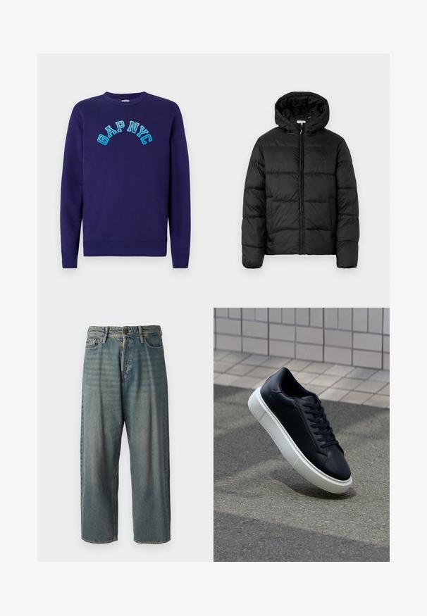 Crna puffer jakna s kapuljačom, koja ima horizontalne kvadratne panele, zatvaranje na zip sprijeda i glatku, sjajnu teksturu.; Tamnoplav sweatshirt od pamuka, s natpisom "GAP NYC" u svijetloplavom vezanom uzoraku na prednjem dijelu. Klasičan okrugli izrez.; Svijetloplave traperice s širokim krojem, srednjim pojasom i ravnim nogavicama. Ima pet džepova, petlje za remen i kopčanje na gumb.; Crne kožne tenisice s zaobljenim vrhom i bijelim gumiranim potplatom. Imaju ravne vezice i minimalno šivanje na gornjem dijelu. Teksturirani potplat za bolje prianjanje.