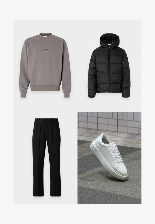 Svart puffjakke med hette, med horisontale quiltpaneler, glidelås foran og en glatt, shiny tekstur.; Grå bomullSweatshirt med ribbestrikket rund hals og mansjetter, med teksten "ESS.WRD." trykt i mørk på forsiden.; Svart, elastisk midjebukser med rett ben-design, med en glatt tekstur og uten synlige mønstre eller maskinvare.; Hvit lær sneaker med glatt overflate, rund tå og flate hvite snøringer. Har en teksturert gummisåle og minimale design elementer.