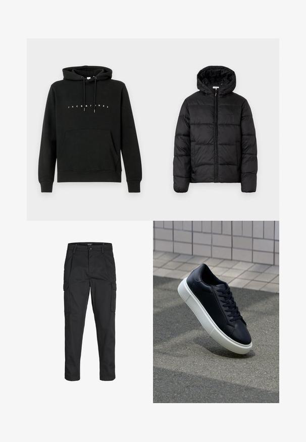 Zwarte pufferjack met een capuchon, met horizontale gestikte panelen, ritssluiting aan de voorkant en een gladde, glanzende textuur.; Zwarte katoenen hoodie met een voorzak in kangoeroestijl, een capuchon met trekkoord en witte tekst "JACK & JONES" op de borst. Zachte textuur.; Zwarte cargobroek van stevig stof, met meerdere zakken, een knoopsluiting en een slim fit ontwerp met taps toelopende benen.; Zwarte leren sneaker met een ronde neus en een witte rubberen zool. Voorzien van platte veters en minimale stiksels op het bovenwerk. Textuurrijke zool voor grip.