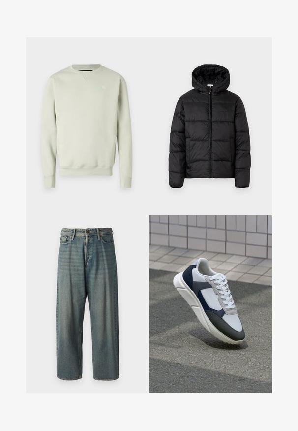 Casaco puffer preto com capuz, apresentando painéis acolchoados horizontais, fecho com zíper na frente e uma textura suave e brilhante.; Sweatshirt verde claro de gola redonda, feito de tecido macio, com punhos e bainha canelados, e um pequeno logótipo no lado esquerdo do peito.; Jeans de ganga azul claro com um corte solto, cintura média e pernas retas. Apresenta cinco bolsos, passadores de cinto e fecho com botão.; Sapatilhas brancas, azuis-marinho e cinzas com um design de materiais mistos, apresentando uma parte superior texturizada, atacadores planos e uma sola acolchoada.