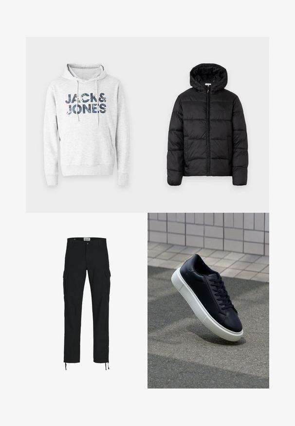 Fekete puffermellény kapucnival, vízszintes steppelésekkel, cipzáros elülső záródással és sima, fényes felülettel.; Szürke kapucnis pulóver, amelyen a "JACK & JONES" felirat látható mintás dizájnnal. Puha anyagból készült, hosszú ujjú és elöl kenguru zseb található rajta.; Fekete cargo nadrág egyenes szabással, oldalzsebekkel, gombos zárással és rugalmas húzózsinórral a bokáknál. Tartós anyagból készült.; Fekete bőr sportcipő lekerekített orral és fehér gumitalppal. Lapos fűzőkkel és minimális varrásokkal rendelkezik a felsőrészén. Mintás talp a tapadásért.