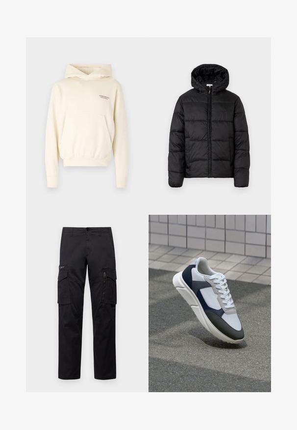Schwarze Steppjacke mit Kapuze, ausgestattet mit horizontalen Stepppanelen, Reißverschluss vorne und einer glatten, glänzenden Textur.; Cremefarbene Kapuzenjacke mit einer vorderen Kängurutasche, verstellbarem Kordelzug an der Kapuze und einem aufgestickten Logodetail auf der Brust. Weicher Stoff.; Schwarze Cargo-Hosen mit mehreren Taschen, einer Reißverschlusstasche am Oberschenkel, geradem Schnitt und strapazierfähigem Baumwollstoff mit leichtem Glanz.; Weißer, marineblauer und grauer Sneaker mit einem Materialmix-Design, das ein strukturiertes Obermaterial, flache Schnürsenkel und eine gepolsterte Sohle aufweist.