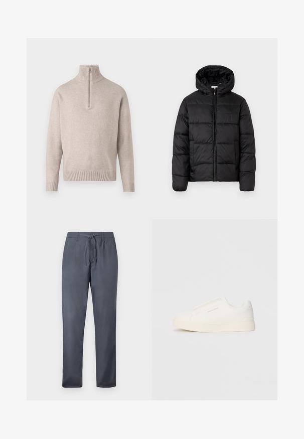 Svart puffjakke med hette, med horisontale quiltpaneler, glidelås foran og en glatt, shiny tekstur.; Beige quarter-zip genser i myk strikket stoff. Har ribbestrikket krage og mansjetter, med en avslappet passform og sømløs design.; Grå bukser laget av glatt stoff, med snøring i livet og sidelommer. Rett ben-design med en ren finish.; Hvite slip-on joggesko med teksturert overflate, tykk såle og minimalistisk design. Har merkevarelogo på siden.