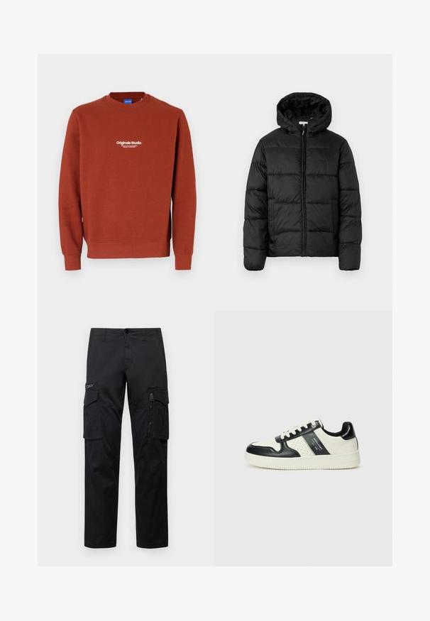 Mustapukuinen puhvijakku, jossa on huppu, vaakasuorat tikatut paneelit, vetoketjukiinnitys ja sileä, kiiltävä pinta.; Huppari rustinvärisessä sävyssä, valmistettu pehmeästä kankaasta. Sisältää pyöreän kaula-aukon ja pitkät hihat. Edessä oleva valkoinen teksti lukee "Originals Studio."; Mustat cargo-housut, joissa on useita taskuja, vetoketjullinen tasku reidellä, suora malli ja kestävä puuvillakangas, jossa on kevyt kiilto.; Nahkakengät musta-kerma värimaailmassa, joissa on rei'itetyt yksityiskohdat, pehmustettu nilkkaosa ja teksturoitu pohja.