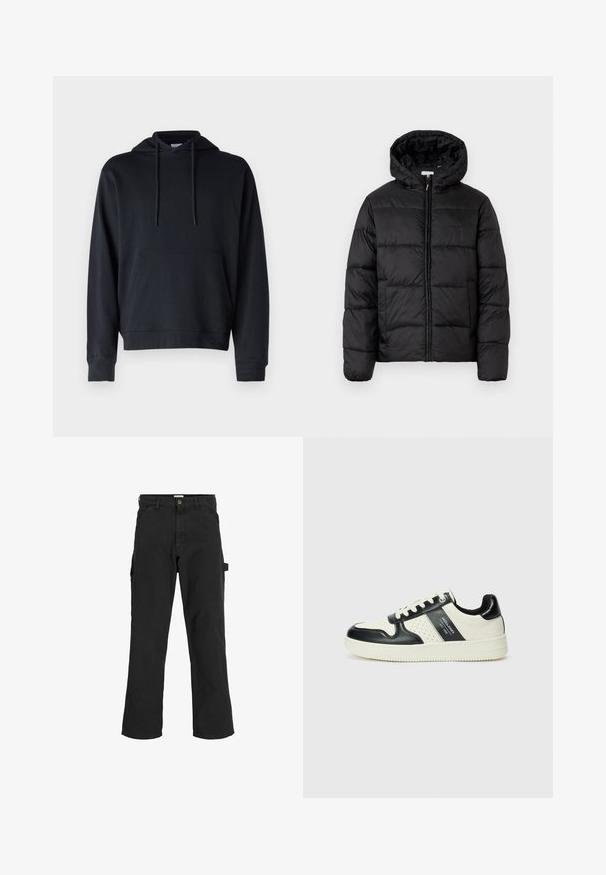 Fekete puffermellény kapucnival, vízszintes steppelésekkel, cipzáros elülső záródással és sima, fényes felülettel.; Fekete kapucnis pulóver pamut keverékből, kenguruzsebbel, állítható zsinórral és bordázott mandzsettával és aljúval. Egyszerű dizájn.; Fekete cargo nadrág pamut keverékből készült. Széles lábakkal, elöl ferdén zsebekkel és egy oldalsó zsebbel rendelkezik, amelyen egy hurok található kiegészítők számára.; Fekete és krém színű bőrsneaker, perforált díszítésekkel, párnázott bokapánttal és texturált talppal.
