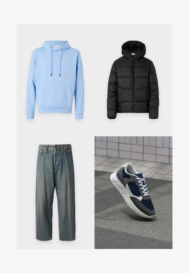 Veste matelassée noire avec capuche, présentant des panneaux matelassés horizontaux, un devant zippé et une texture lisse et brillante.; Hoodie bleu clair en matériau doux, avec une poche kangourou à l'avant, des cordons de serrage réglables et des poignets et un ourlet côtelés.; Jeans en denim bleu clair avec une coupe ample, taille mi-haute et jambes droites. Comprend cinq poches, des passants de ceinture et une fermeture à bouton.; Baskets avec une tige en mesh bleu marine, des accents en suède gris, une semelle en caoutchouc blanc et des lacets plats blancs, conçues pour le confort et la respirabilité.