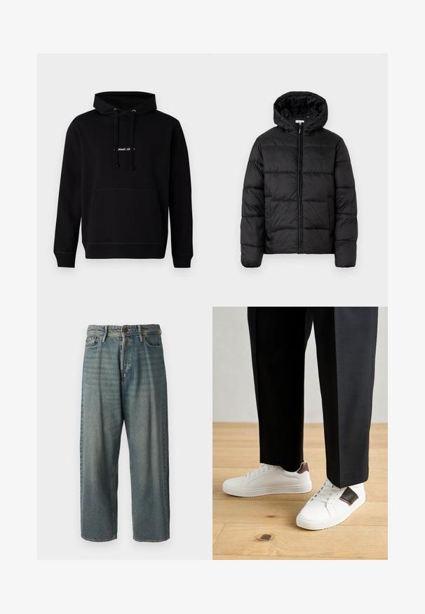 Fekete puffermellény kapucnival, vízszintes steppelésekkel, cipzáros elülső záródással és sima, fényes felülettel.; Fekete pamut kapucnis pulóver elülső zsebből, zsinóros kapucniból és egy kis hímzett logóból áll a mellkason. Klasszikus szabású, bordás mandzsettákkal.; Világoskék farmernadrág, laza fazonnal, közepes derékbőséggel és egyenes szárral. Öt zsebet, övbucskát és gombos záródást tartalmaz.; Fehér sneaker, sima textúrával, barna bőr díszítéssel és fekete részletekkel, fekete szabott nadrággal párosítva. Fából készült padló háttér.