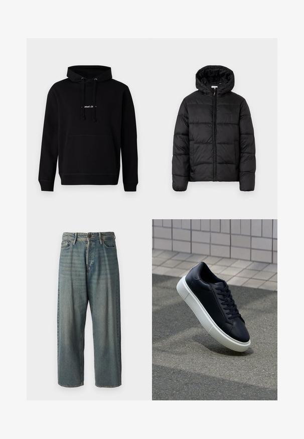 Casaco puffer preto com capuz, apresentando painéis acolchoados horizontais, fecho com zíper na frente e uma textura suave e brilhante.; Sweatshirt preto feito de algodão, com um bolso frontal, capuz ajustável por cordão e um pequeno logótipo bordado no peito. Corte clássico com punhos canelados.; Jeans de ganga azul claro com um corte solto, cintura média e pernas retas. Apresenta cinco bolsos, passadores de cinto e fecho com botão.; Sapatilha de couro preto com bico arredondado e sola de borracha branca. Apresenta atacadores planos e costuras mínimas na parte superior. Sola texturizada para melhor aderência.