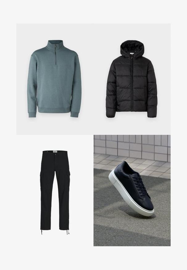 Svart puffjakke med hette, med horisontale quiltpaneler, glidelås foran og en glatt, shiny tekstur.; Jack & Jones JJEBRADLEY HALF ZIP - Sweatshirt - goblin blue; Svarte cargo-bukser med rett snitt, med sidelommer, knappelukking og elastiske snorer ved anklene. Laget av slitesterkt stoff.; Sorte skinnsneakers med rund tå og hvit gummisåle. Har flate lisser og minimal søm på overdelen. Strukturert såle for grep.