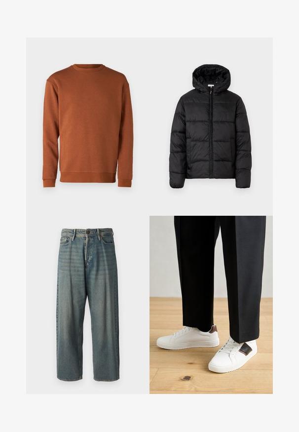 Black puffer jacket with a hood, featuring horizontal quilted panels, zip front closure, and a smooth, shiny texture.; Jack & Jones JJEBRADLEY CREW - Sweatshirt - mocha bisque; Light blue denim jeans with a loose fit, mid-rise waist, and straight legs. Features five pockets, belt loops, and a button closure.; White sneakers with smooth texture, featuring brown leather accents and black detailing, paired with black tailored pants. Wooden floor background.