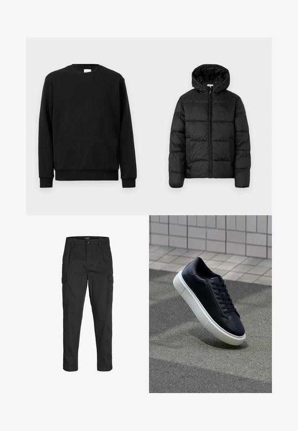 Svart puffjakke med hette, med horisontale quiltpaneler, glidelås foran og en glatt, shiny tekstur.; Svart hettegenser laget av bomullsblanding; har rund hals, lange ermer, og ribbestrikkede mansjetter og kant for en tettsittende passform.; Sorte cargo bukser laget av slitesterkt stoff, med flere lommer, knappelukking og en slim fit-design med avsmalnede ben.; Sorte skinnsneakers med rund tå og hvit gummisåle. Har flate lisser og minimal søm på overdelen. Strukturert såle for grep.