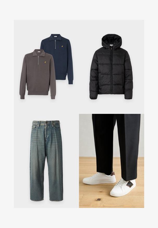 Melnā pūkainā jaka ar kapuci, ar horizontāliem quiltotiem paneļiem, ar rāvējslēdzēju priekšpusē un gludu, spīguļojošu tekstūru.; Divi ceturkšņa rāvējslēdza džemperi tumši pelēkā un tumši zilā krāsā. Abiem ir mīksts audums, garas piedurknes un neliels dzeltens logotips krūtīs.; Gaiši zili džinsi ar brīvu piegriezumu, vidējo jostas augstumu un taisnām kājām. Satur piecas kabatas, jostas cilpas un pogu aizdari.; Baltā pārsoļa apavi ar gludu tekstūru, papildināti ar brūniem ādas akcentiem un melniem elementiem, savienoti ar melnām pielāgotām biksēm. Koka grīdas fons.