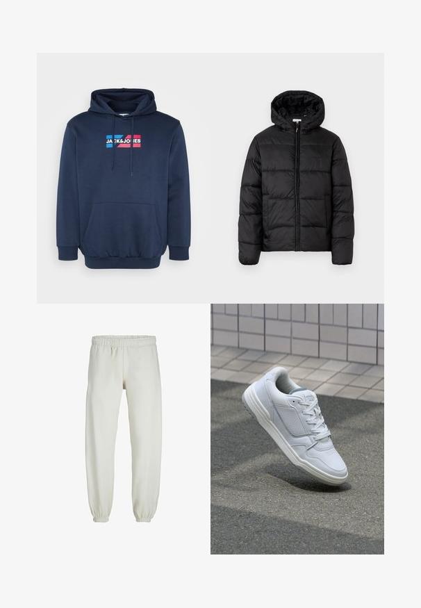Sort pufferjakke med hætte, med vandrette quiltede paneler, lynlåslukning foran og en glat, skinnende tekstur.; Marineblå hættetrøje, lavet af bomuldsblanding, med kengurulomme, prydet med hvidt og farverigt logo "JACK&JONES" på brystet.; Hvide sweatpants lavet af blødt stof, med elastisk talje og håndled, der har en glat tekstur og løs pasform.; Hvide lædersneakers med perforerede sider, teksturerede detaljer, flade snørebånd og en kontrasterende grå hæl. Har en let forhøjet sål.