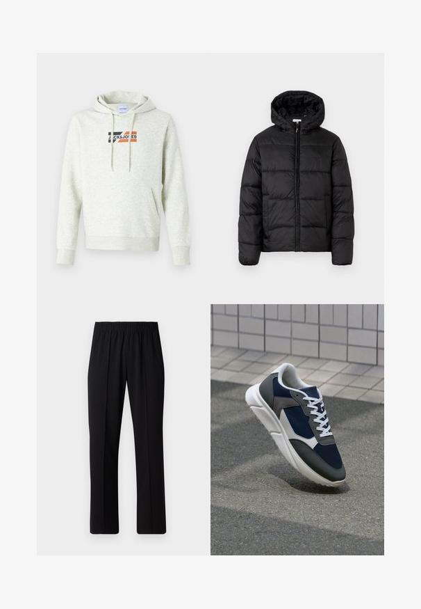 Giacca a vento nera con cappuccio, caratterizzata da pannelli trapuntati orizzontali, chiusura frontale con zip e una texture liscia e lucida.; Felpa grigia chiara con tasca frontale, cappuccio regolabile con cordino e logo stampato "JACK & JONES" con accenti neri, arancioni e rossi.; Pantaloni neri con vita elasticizzata e design a gamba dritta, caratterizzati da una texture liscia e senza motivi o hardware visibili.; Sneaker con tomaia in rete blu navy, inserti in suede grigio, suola in gomma bianca e lacci bianchi piatti, progettata per comfort e traspirabilità.