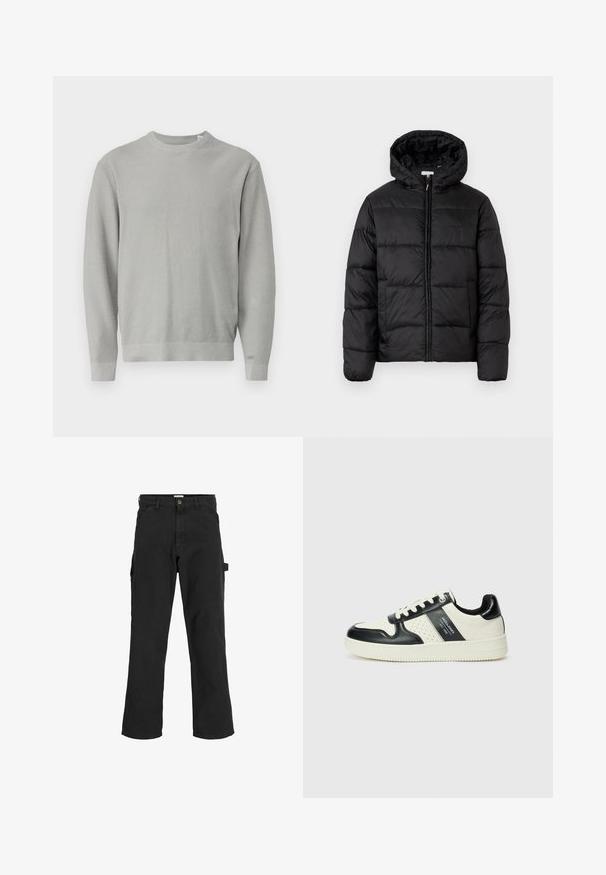 Schwarze Steppjacke mit Kapuze, ausgestattet mit horizontalen Stepppanelen, Reißverschluss vorne und einer glatten, glänzenden Textur.; Hellgrauer Strickpullover mit rundem Halsausschnitt, langen Ärmeln, gerippten Bündchen und Saum. Texturierter Stoff mit einem einheitlichen Muster.; Schwarze Cargo-Hosen aus einem Baumwoll-Mischgewebe. Mit weitem Bein, schrägen Taschen vorne und einer Seitentasche mit einer Schlaufe für Accessoires.; Leder-Sneaker in Schwarz- und Cremetönen, mit perforierten Akzenten, einem gepolsterten Kragen und einer strukturierten Laufsohle.