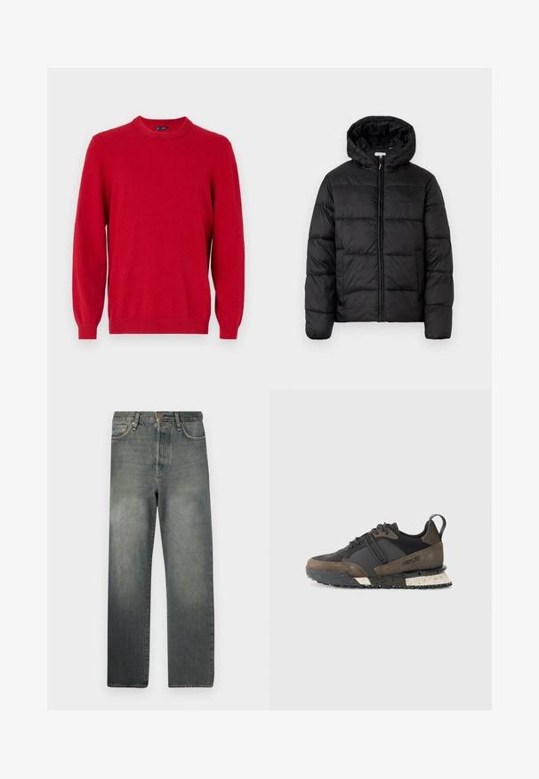 Melnā pūkainā jaka ar kapuci, ar horizontāliem quiltotiem paneļiem, ar rāvējslēdzēju priekšpusē un gludu, spīguļojošu tekstūru.; Sarkana džemperis, kas izgatavots no mīkstā adījuma, ar apaļu kakla izgriezumu, garām piedurknēm un ribotām aprocēm un apakšmalu. Vienkāršs dizains bez papildu rakstiem.; Jack & Jones JJIALEX JJCOOPER - Plati džinsi - black denim; Replay FIELD JUPITER CRAFT - Treniņu apavi - black/dark grey