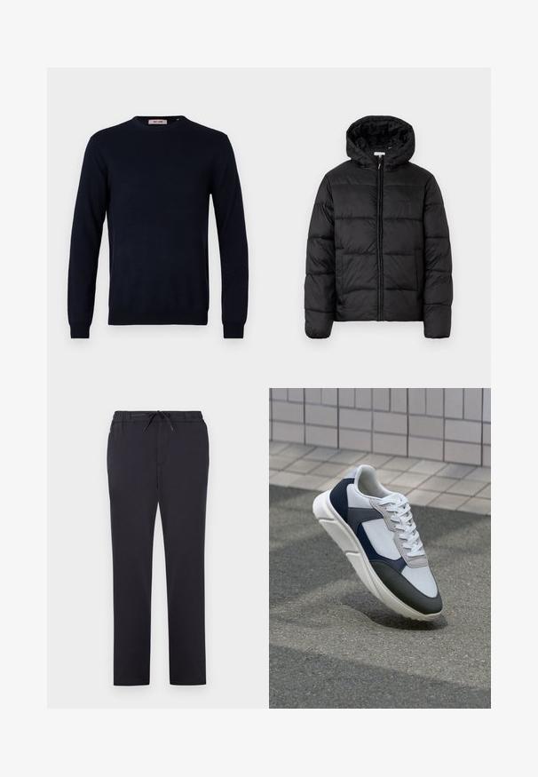 Zwarte pufferjack met een capuchon, met horizontale gestikte panelen, ritssluiting aan de voorkant en een gladde, glanzende textuur.; Marineblauwe ronde hals trui van een gladde tricot stof, met lange mouwen en geribbelde manchetten en onderkant. Minimalistisch ontwerp zonder patronen.; Zwarte sportbroek gemaakt van zachte stof met een elastische tailleband, verstelbaar trekkoord en straight-leg ontwerp. Geen zichtbare patronen of versieringen.; Witte, marineblauwe en grijze sneaker met een gemengde materiaald ontwerp, met een gestructureerde bovenkant, platte veters en een gevoerde zool.