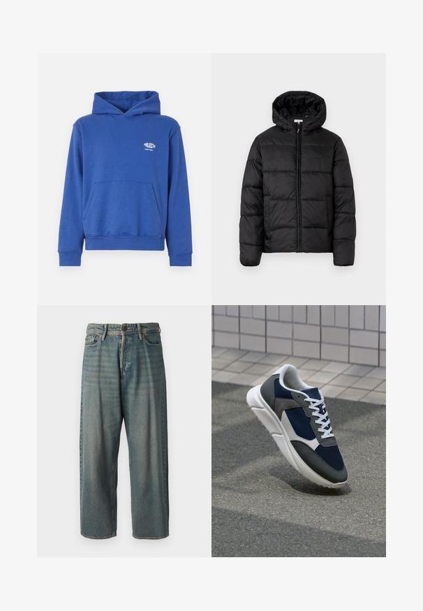 Fekete puffermellény kapucnival, vízszintes steppelésekkel, cipzáros elülső záródással és sima, fényes felülettel.; Kék pamut kapucnis pulóver elülső zsebbel, bordás mandzsettákkal és hemfokkal, valamint egy kis logóval a mellkasi részen. Puha szövettextúra.; Világoskék farmernadrág, laza fazonnal, közepes derékbőséggel és egyenes szárral. Öt zsebet, övbucskát és gombos záródást tartalmaz.; Cipő, amelynek sötétkék hálós felsőrésze, szürke velúr díszítései, fehér gumitalpa és lapos fehér fűzője van, a kényelem és a légáteresztő képesség érdekében tervezve.