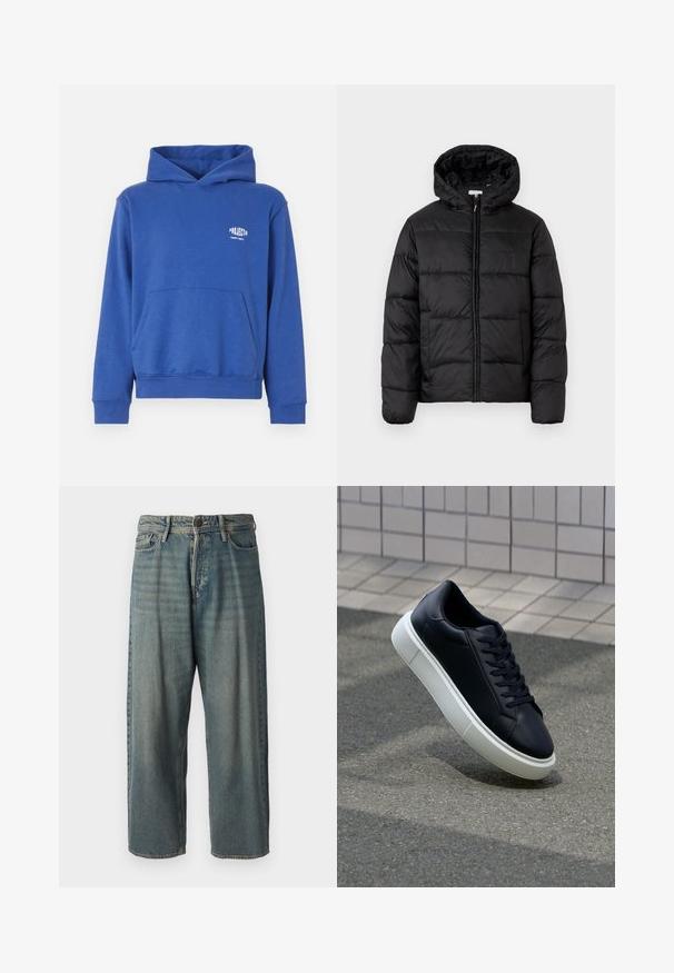 Czarna kurtka puchowa z kapturem, z poziomymi pikowanymi panelami, zapinana na zamek błyskawiczny z przodu i o gładkiej, błyszczącej fakturze.; Niebieska bawełniana bluza z kapturem z kieszenią z przodu, ściągaczami przy rękawach i u dołu, oraz małym logo na klatce piersiowej. Miękka tekstura materiału.; Jasnoniebieskie dżinsy o luźnym kroju, średnim stanie i prostych nogawkach. Posiadają pięć kieszeni, szlufki na pasek oraz zapięcie na guzik.; Czarne skórzane sneakersy z okrągłym noskiem i białą gumową podeszwą. Posiadają płaskie sznurowadła i minimalne przeszycia na cholewce. Teksturowana podeszwa zapewnia przyczepność.