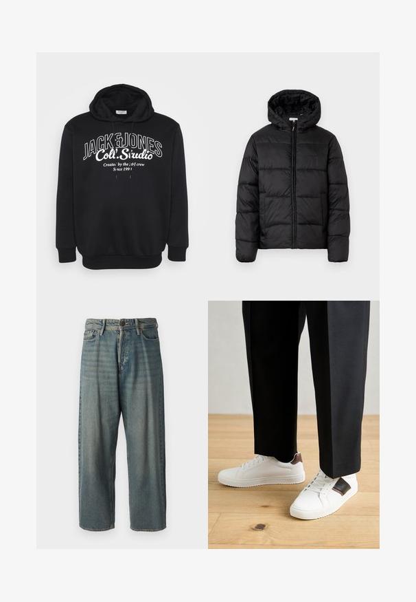 Musternaturmustar coat mustelhoovaga, hrisontaalsete tikandi paneelidega, tõmbluku ees sulgemisega ja sujuva, läikiva tekstuuriga.; Mustmustükk, millel on nöör ja ribakäised. Esiküljel keskosas on valge tekstilogoga "JACK & JONES Coll. Studio".; Heledad sinine denim-stiilis teksad, volüümse lõike, keskmise kõrgusega talje ja sirgete säärega. Omab viit taskut, vöökumme ja nööpide sulgemist.; Valged sneakersid siledat tekstuurist, millel on pruunad nahast detailid ja mustad aksessuaarid, millele on sobitatud mustad kohandatud püksid. Puitpõranda taust.