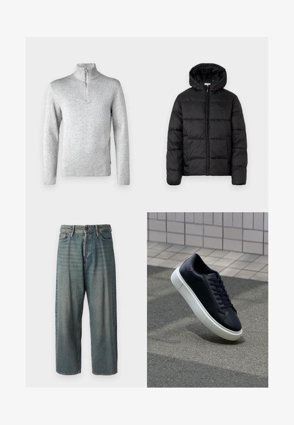 Fekete puffermellény kapucnival, vízszintes steppelésekkel, cipzáros elülső záródással és sima, fényes felülettel.; Jack & Jones PREMIUM JPRBLAMILANO HALF ZIP - Pulóver - light grey melange; Világoskék farmernadrág, laza fazonnal, közepes derékbőséggel és egyenes szárral. Öt zsebet, övbucskát és gombos záródást tartalmaz.; Fekete bőr sportcipő lekerekített orral és fehér gumitalppal. Lapos fűzőkkel és minimális varrásokkal rendelkezik a felsőrészén. Mintás talp a tapadásért.