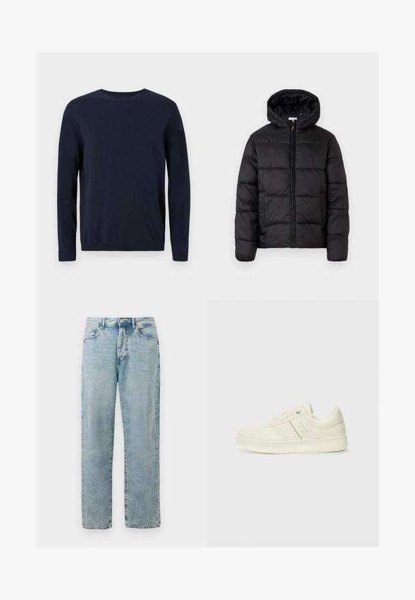 Crna puffer jakna s kapuljačom, koja ima horizontalne kvadratne panele, zatvaranje na zip sprijeda i glatku, sjajnu teksturu.; Mornarsko plava pletena majica dugih rukava, sa okruglim izrezom i rebrastim manžetama i donjim rubom. Sadrži mali logo na prsima.; Svijetloplave traperice ravnog kroja s kopčanjem na gumb i patentnim zatvaračem, prednjim džepovima i suptilnim izblijedjelim detaljima.; Kremasto bijele tenisice s perforiranim detaljima, vezicama i logotipom s bočne strane, prikazane na jednostavnoj bijeloj pozadini.
