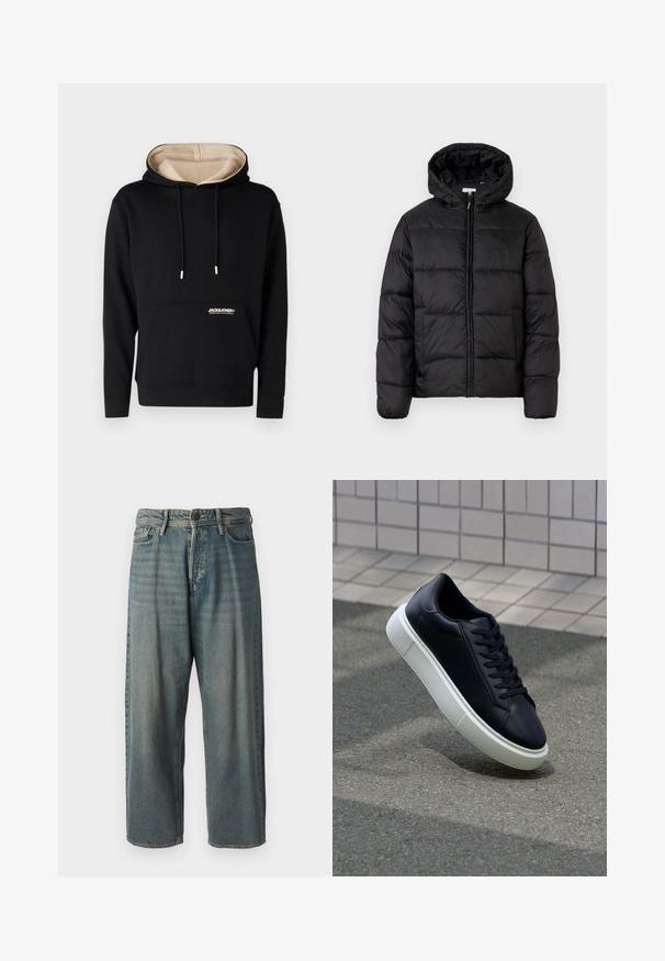 Veste matelassée noire avec capuche, présentant des panneaux matelassés horizontaux, un devant zippé et une texture lisse et brillante.; Hoodie noir avec intérieur beige, cordons de serrage, poche avant et logo sur la poitrine. Fabriqué en tissu doux avec des poignets et un ourlet côtelés.; Jeans en denim bleu clair avec une coupe ample, taille mi-haute et jambes droites. Comprend cinq poches, des passants de ceinture et une fermeture à bouton.; Baskets noires en cuir avec bout arrondi et semelle en caoutchouc blanc. Elles présentent des lacets plats et une couture minimale sur la tige. Semelle texturée pour une bonne adhérence.