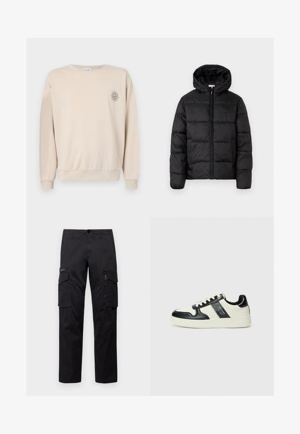 Zwarte pufferjack met een capuchon, met horizontale gestikte panelen, ritssluiting aan de voorkant en een gladde, glanzende textuur.; Beige sweatshirt gemaakt van zachte stof, met een ronde hals, lange mouwen en een kleine zonnegrafiek op de linkerkant van de borst.; Zwarte cargobroek met meerdere zakken, een ritszak op de dij, rechte pasvorm en stevige katoen met een subtiele glans.; Leren sneakers met een zwart en crèmekleurig kleurenschema, voorzien van geperforeerde accenten, een gevoerde kraag en een gestructureerde buitenzool.