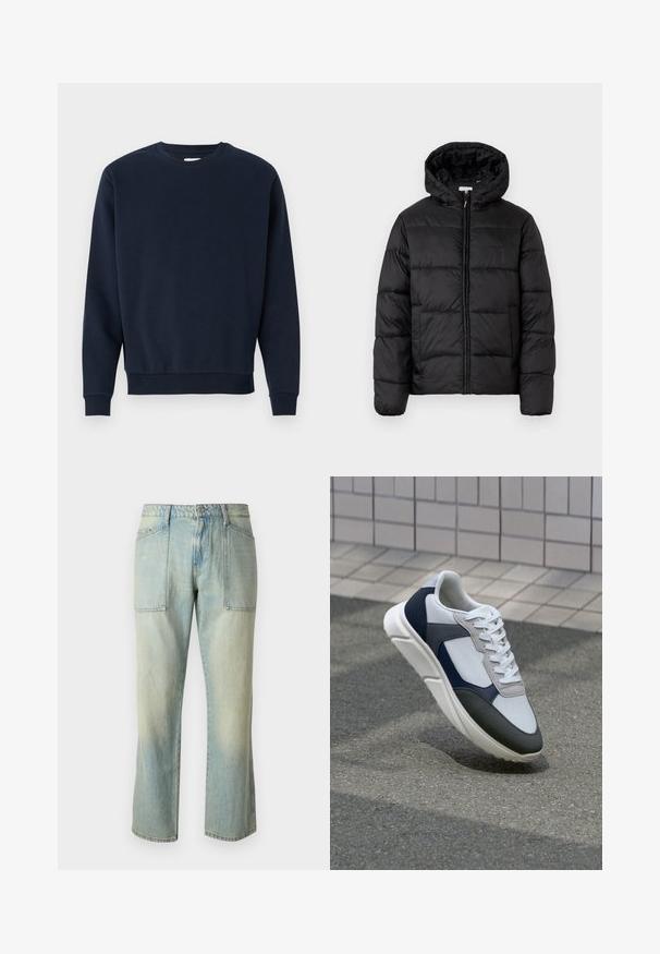 Svart puffjakke med hette, med horisontale quiltpaneler, glidelås foran og en glatt, shiny tekstur.; Marineblå bomullsgenser med rund hals, lange ermer og ribbede mansjetter og nederkant. Glatt tekstur, minimalistisk design, ingen synlige logoer.; Lyseblå denimjeans med rett benutskjæring, synlige sømmer og to store frontlommer. Stoffet har en falmet tekstur.; Hvitt, marineblått og grått sportsko med en blandet materialdesign, som har en teksturert overdel, flate snørebånd og en polstret såle.