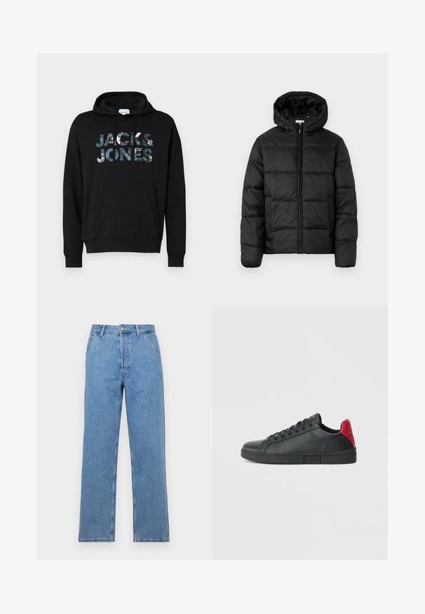 Crna puffer jakna s kapuljačom, koja ima horizontalne kvadratne panele, zatvaranje na zip sprijeda i glatku, sjajnu teksturu.; Crni dukserica s kapuljačom na vezanje. Na prednjoj strani ima veliki uzorčasti logo "JACK & JONES". Materijal izgleda mekano s glatkom teksturom.; Svijetloplavi traper hlače ravnog kroja s klasičnim dizajnom od pet džepova, sa prednjim zatvaranjem na gumb i petljama za remen. Glatka tekstura.; Crne sintetičke tenisice s crvenim naglascima na peti, perforiranim dizajnom sa strane, zaobljenim vrhom, ravnim crnim đonom i crnim vezicama.
