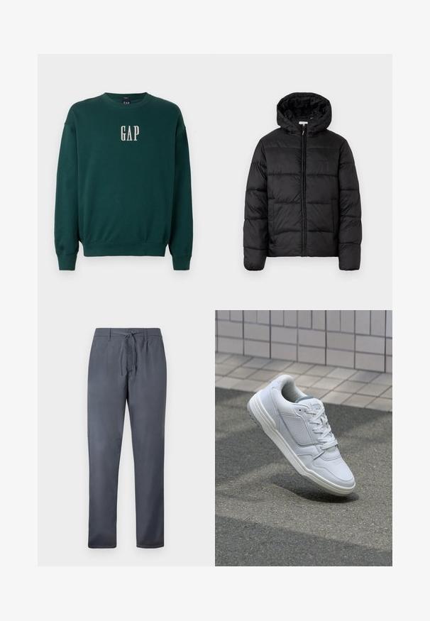 Črna pufasta bunda s kapuco, ki ima vodoravne prešite plošče, sprednje zapiranje na zadrgo in gladko, sijočo teksturo.; Zelen dolg rokav pulover z ribastimi manšeti in pasom, z belim vezanim logotipom "GAP" na prsih. Mehka tkanina.; Sive hlače iz gladkega materiala, z vrvico za zavezovanje in stranskimi žepi. Naravnost krojene z čistim zaključkom.; Bela usnjena superga s perforiranimi stranicami, teksturiranimi detajli, ravnimi vezalkami in kontrastno sivo peto. Ima rahlo dvignjen podplat.