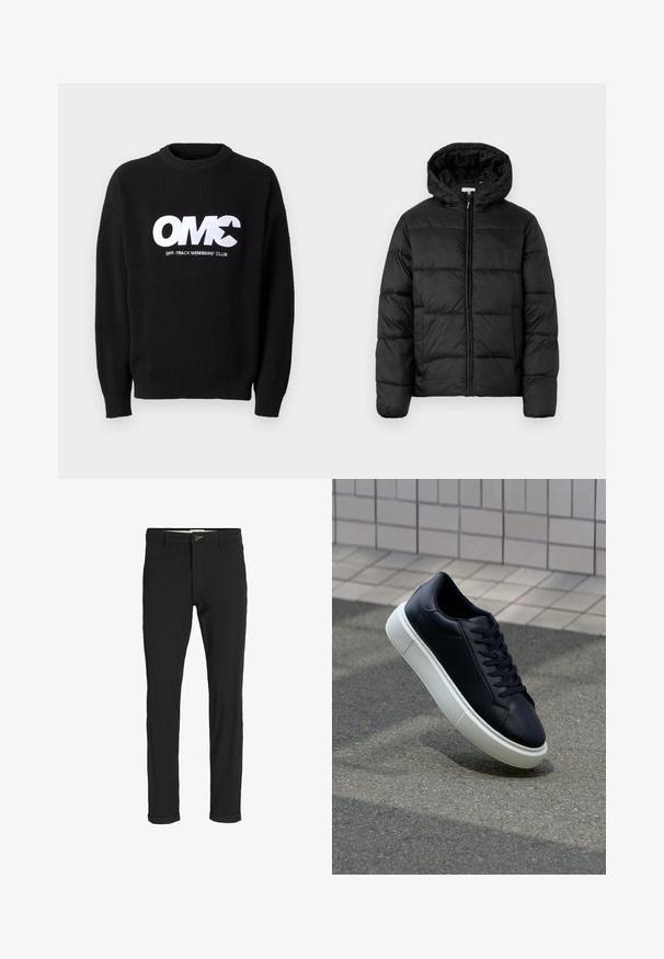 Musternaturmustar coat mustelhoovaga, hrisontaalsete tikandi paneelidega, tõmbluku ees sulgemisega ja sujuva, läikiva tekstuuriga.; Mustra musta soonik, millel on ümar kaelus ja silmatorkav valge tikitud tekst "OMC" ja "OFF-TRACK MEMBERS' CLUB" ees.; Mustast puuvillasegustest pükstest õhukese lõikega, milles on nööbikinnitus, taskud ja keeratud sääred, et saavutada lõdva lõppviimistluse.; Mustast nahast tennisetoss, millel on ümar nina ja valge kummist tall. Omab siredaid paelu ja minimaalset õmblemist ülemises osas. Tekstuuriga tald, mis tagab haakuvuse.