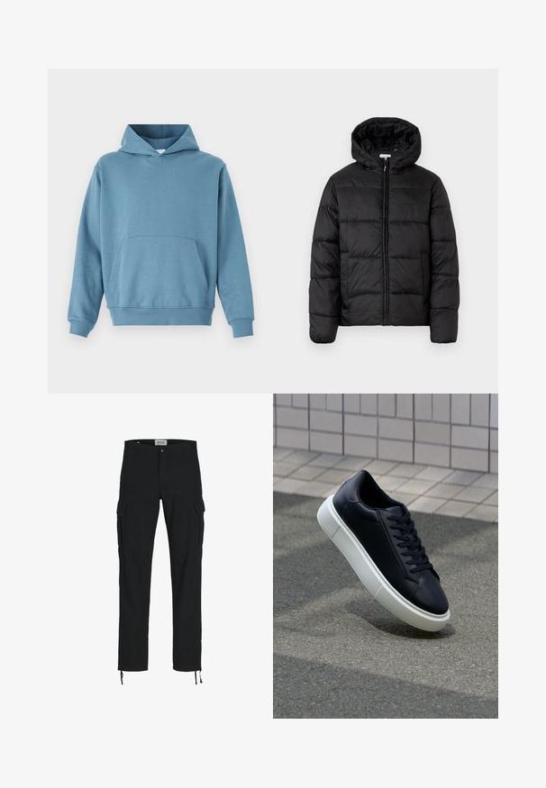 Svart dunjacka med huva, med horisontella quiltade paneler, dragkedja fram och en slät, glänsande yta.; Blå bomullshuvtröja med framficka, långa ärmar och dragsko i huvan. Slät textur och ribbad mudd vid nederkant och ärm. ; Svarta cargo byxor med rak passform, med sidfickor, knappstängning och elastiska dragsnören vid anklarna. Tillverkade av hållbart tyg.; Svart lädersneaker med rundad tå och vit gummisula. Har platta snören och minimal sömnad på ovansidan. Texturerad sula för grepp.