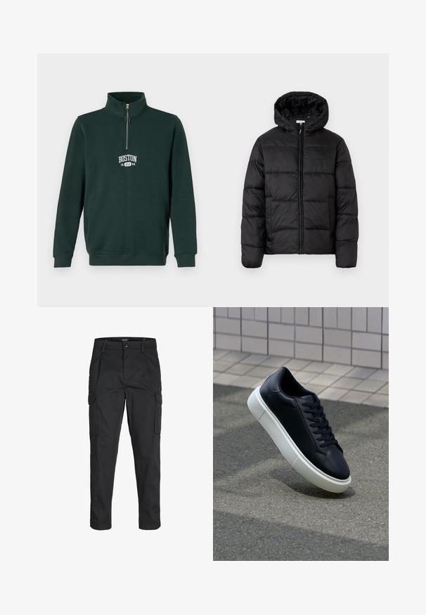 Svart puffjakke med hette, med horisontale quiltpaneler, glidelås foran og en glatt, shiny tekstur.; Mørkegrønn genser med kvart glidelås. Har "BOSTON 1998" i hvit skrift på brystet. Laget av mykt, teksturert stoff.; Sorte cargo bukser laget av slitesterkt stoff, med flere lommer, knappelukking og en slim fit-design med avsmalnede ben.; Sorte skinnsneakers med rund tå og hvit gummisåle. Har flate lisser og minimal søm på overdelen. Strukturert såle for grep.